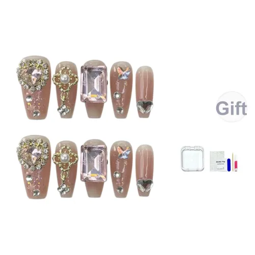 JINGCHANXUE Ручной работы Luxury стиль Rhinestone False Nail Средний LADDER Coquette Nude Embellished 16mm