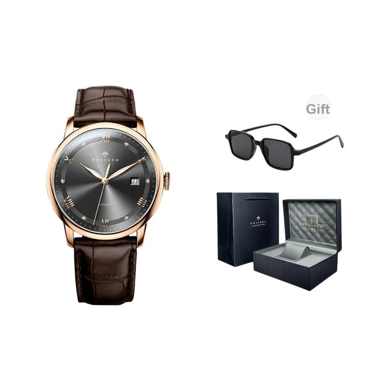 PONIGER Автоматический Механический Механизм Часы Мужские Серый Циферблат