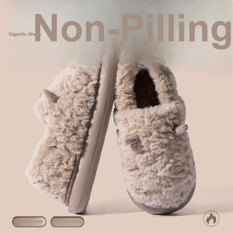 Foot Recreation 3D Effect Small Ears Solid Color Fleece Slippers Winter Home Indoor Warm Cotton Home Slippers Unisex-24