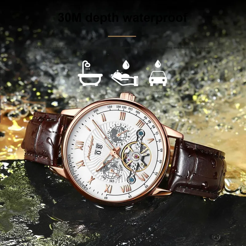 POEDAGAR Automatic Mechanical Movement Leather Strap Watch Men's Watches Gold Dial-24