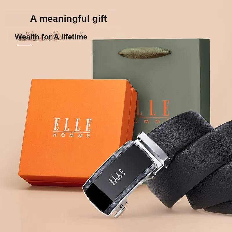 ELLE HOMME Top Grain Cow Leather Fashion Trend Casual Versatile Belt, Gift Box Set Men's Width 3.5cm-7