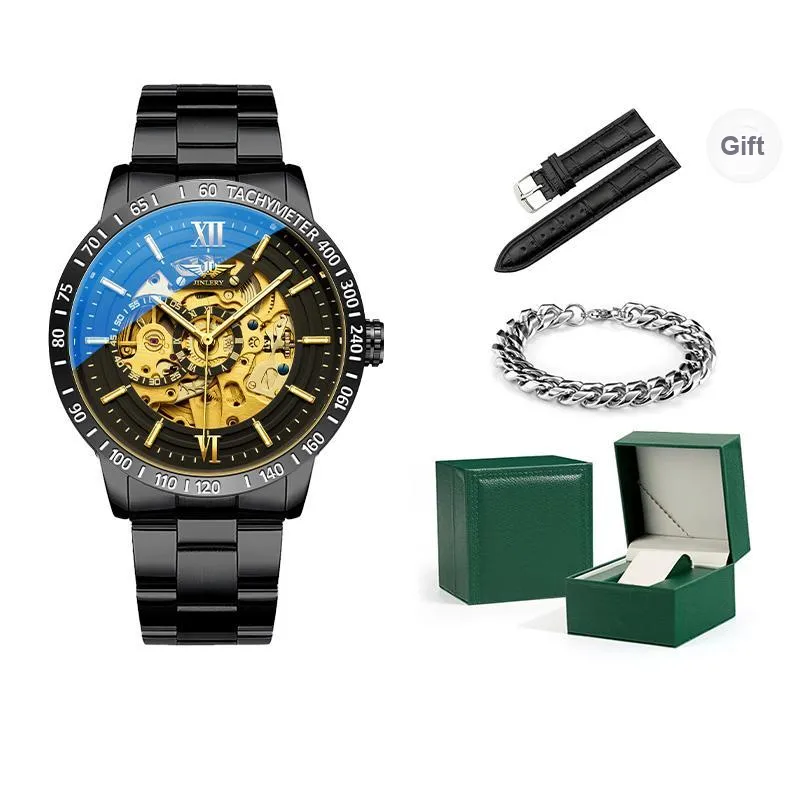 JINLERY Automatic Mechanical Movement Stainless Steel Watchband Watch Men's Watches Black Dial-9