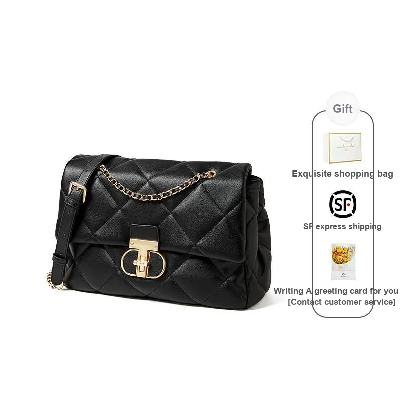 Narandu Cow Leather Diamond Grid Bag Chain Bag Shoulder Bag Crossbody Bag Large Size Women's Midnight Black/Ecru-0
