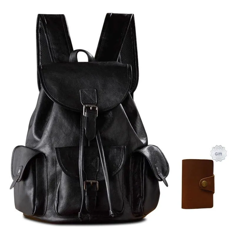 Simple&nature Vegetable Tanned Cow Leather Backpack Medium Size Unisex Black