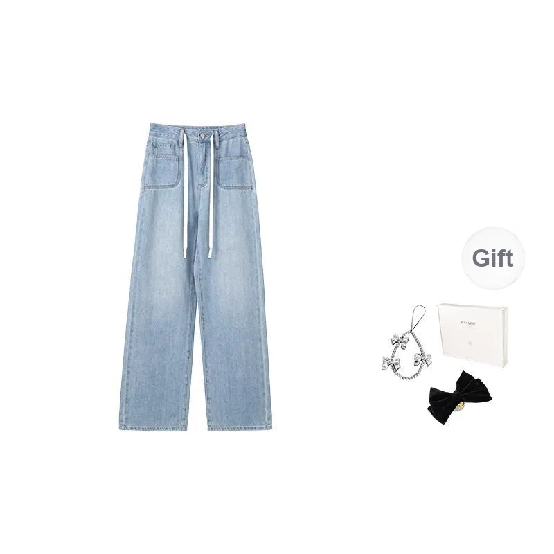 Fstudio Summer Korean Style Commute Minimalist Style Drawstring Straight Fit Jeans Women's Blue