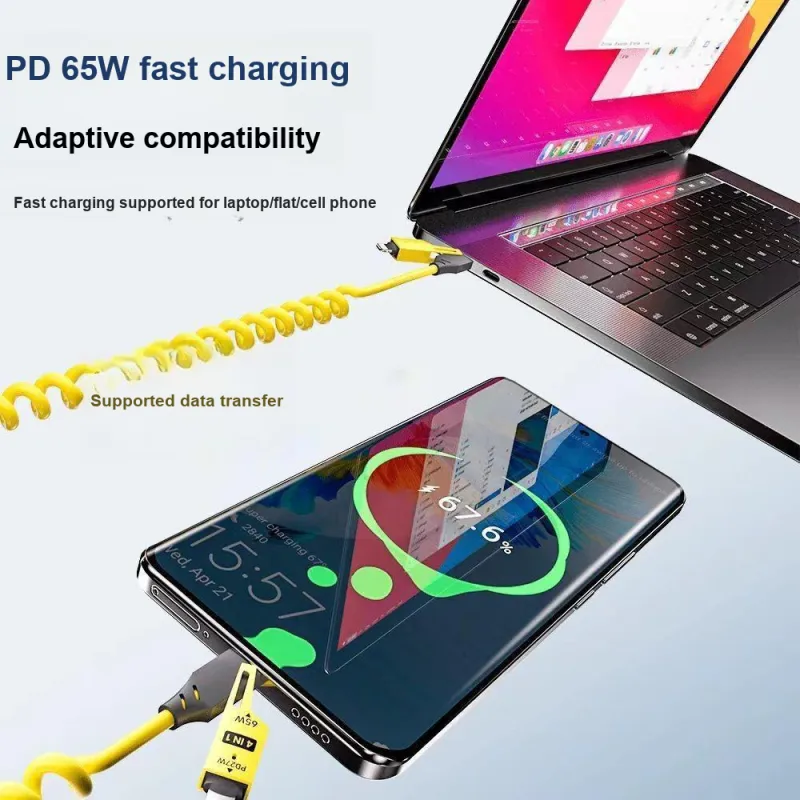 XUANJIE 1.5m All in One 4 in 1 Spring Retractable 65W Compatibility Apple Huawei Android Phones Cables-3