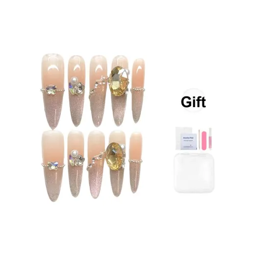 YUNYUEQIAO Премиум HAND DRAWN Радужный Броги In Телесный And Румяна Французский False Nail Острый Тип Шампанское