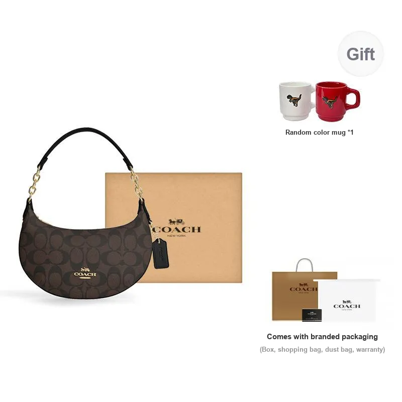 COACH Payton Canvas With Leather One Shoulder Handbags Small Size Women's Gold & Brown Black-6