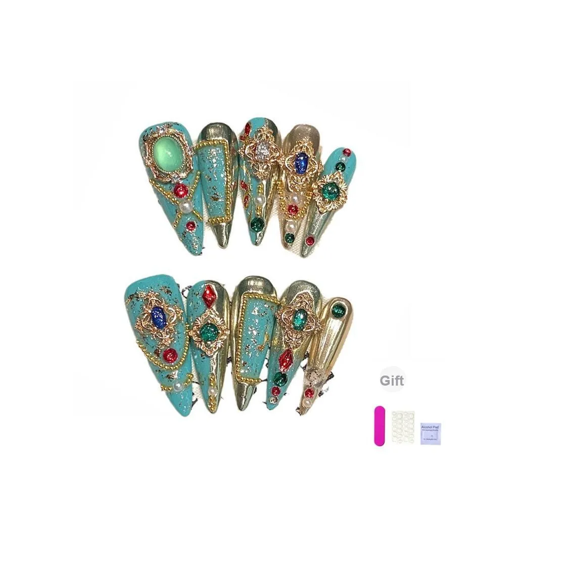 XIBI Ручная работа Премиум Свадебная Коллекция Ногтей Стильный False Nail PIECES Длинный Синий Jump Цвет