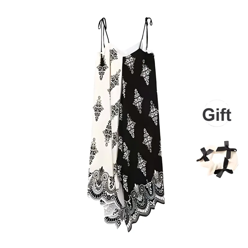 XUOIZA Slip Dresses Women's Black White Long+Bowknot Hair Tie Comes With-1