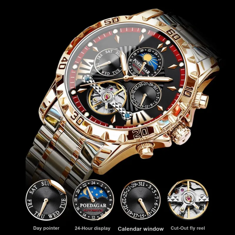 POEDAGAR Automatic Mechanical Movement Stainless Steel Watchband Watch Men's Watches Black Dial-13