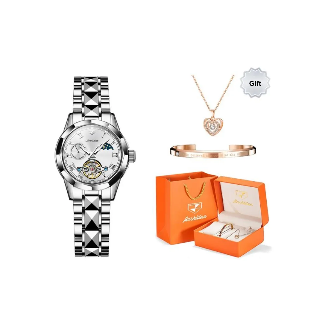Jin Shi Dun Smart Series Mechanical Movement Stainless Steel Watchband Watch Women's Watch White Dial