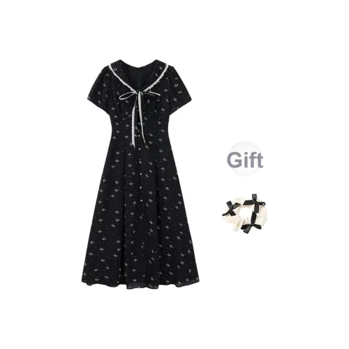 Черный + Бант Резинка для волос С подарками Женские Короткие Платья с рукавами Sleeved