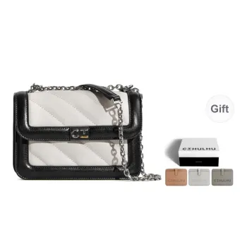 Cthulhu Cow Split Leather Sharpie Bag Detachable Strap Twill Chain Bag Medium Size Women's Black White