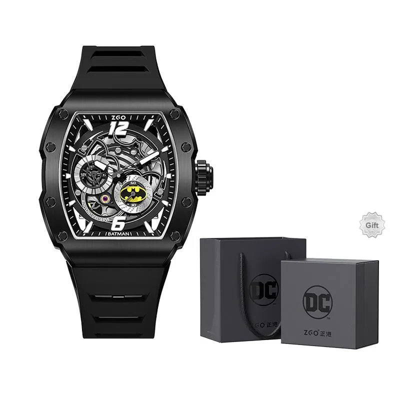 Zgo Warner DC Batman Collaboration Mechanical Movement Rubber Band Strap Watch Men
s Watches Black Dial