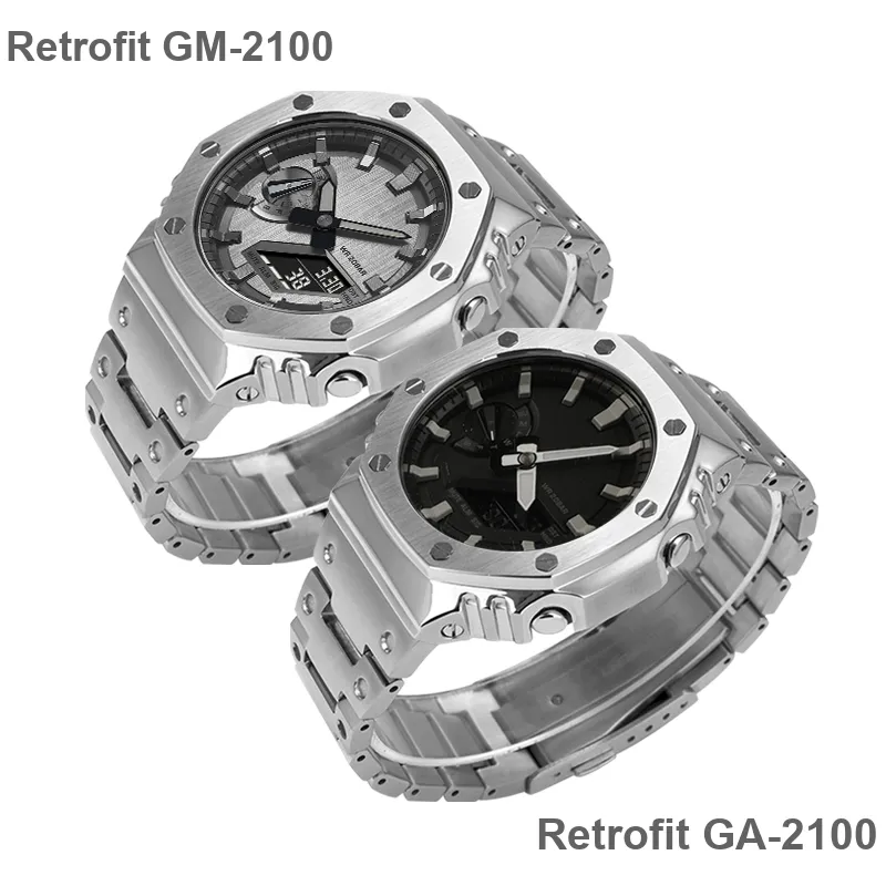 Keppot Compatible GA 2100 GA 2110 GA B2100 GM 2100 Customized Farm Oak Metal Watch Case Strap Unisex-1