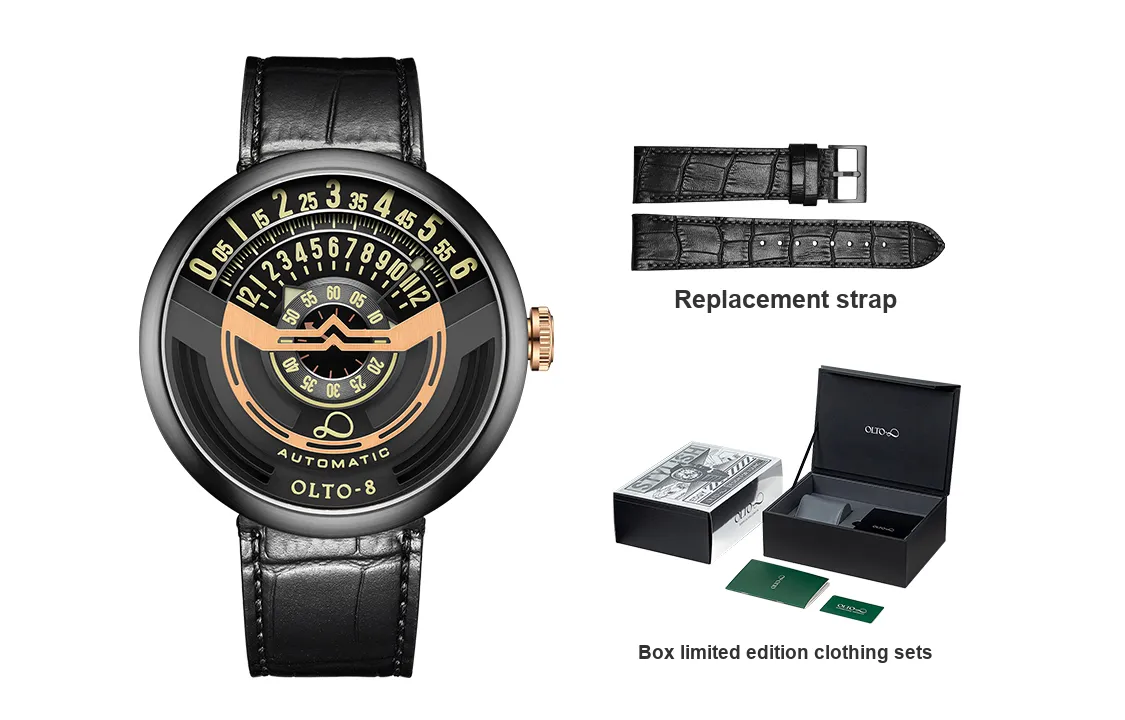 OLTO 8 UFO Series Wrist Watch Automatic Mechanical Movement Genuine Leather Strap Black Dial Men's Watches IF1 S3352