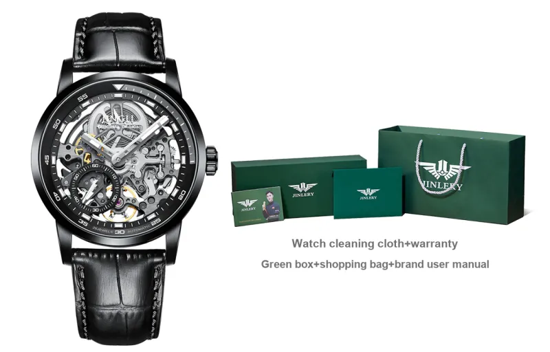 JINLERY Machine Automatic Mechanical Movement Genuine Leather Strap Watch Men's Watches Cut-Out Dial J9033-0