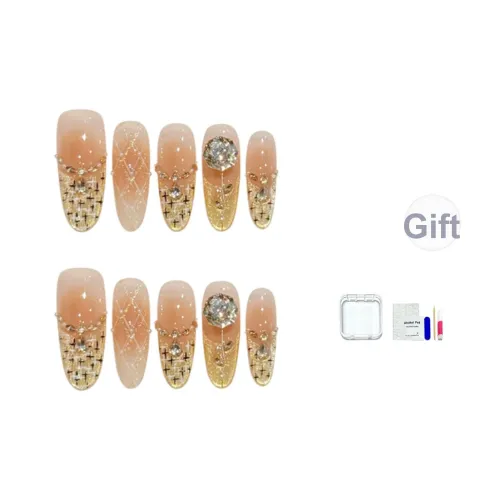 JINGCHANXUE [Французский Chanson] Аргайл Сверкающий страз False Nail Овал Coquette Градиентный Кошачий глаз 16mm