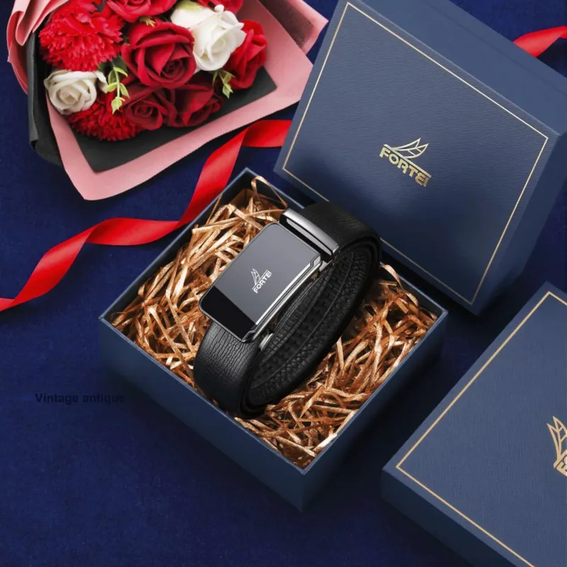 FORTEI Top Grain Cow Leather Belts Men's Black Width 3.5cm Gift Box Set-1