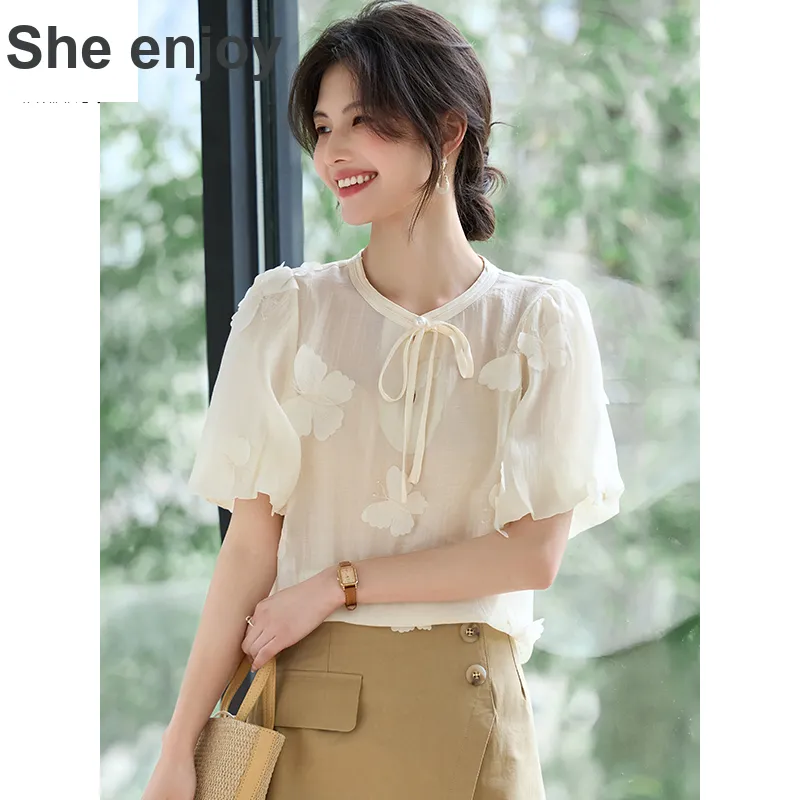 She Enjoys Chiffon Shirt Women's Milk White-2