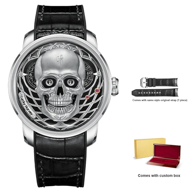 LUCKY HARVEY Craft Master Collection Skull Automatic Mechanical Movement Rubber Strap Watch Men's Watches Black Dial-0