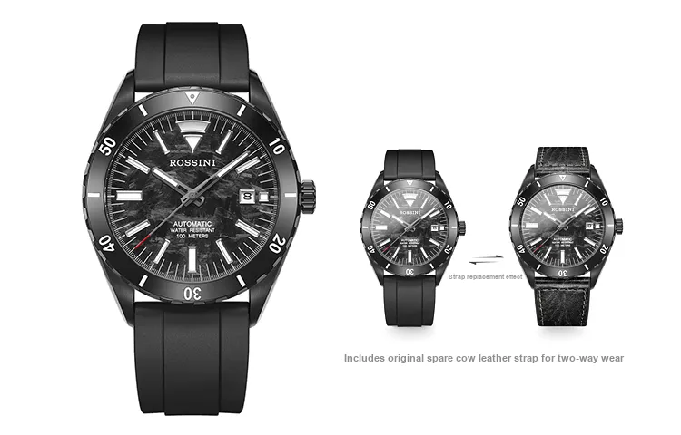 ROSSINI Voyager Collection Automatic Mechanical Movement Silicone Strap Watch Men's Watches Black Dial-1