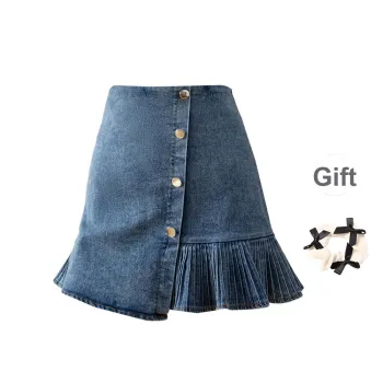 TURN UP Denim Short Skirts Women's Blue+Bowknot Hair Tie Comes With