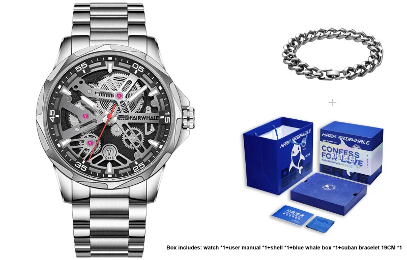 FAIRWHALE Starlight Collection Automatic Mechanical Movement Metal Strap Watch Men's Watches White Dial-1
