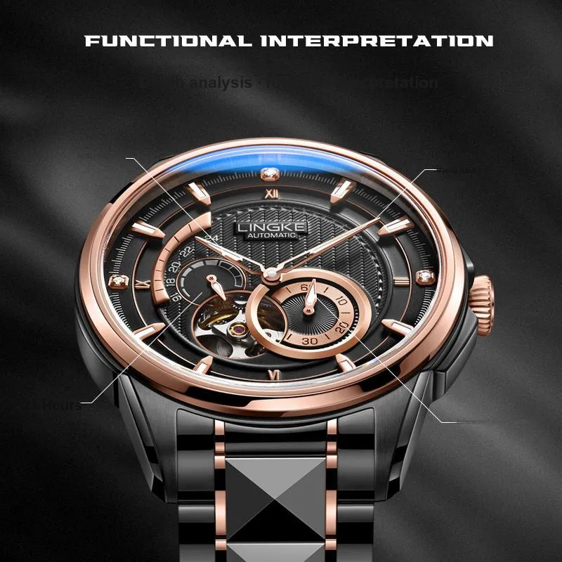 LINGKE Automatic Mechanical Movement Steel Strap Watch Men's Watches White Dial-18