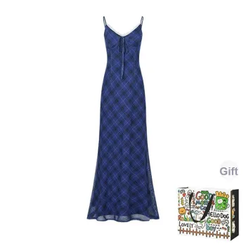 OURUOKE Slip Dresses Women's Blue Shopping Bag Included