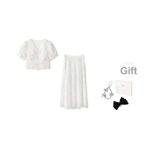 Fstudio Летний Корейский стиль Элегантность 100% хлопок V-образный вырез Топ с длиной до середины Комплект с юбкой Женский