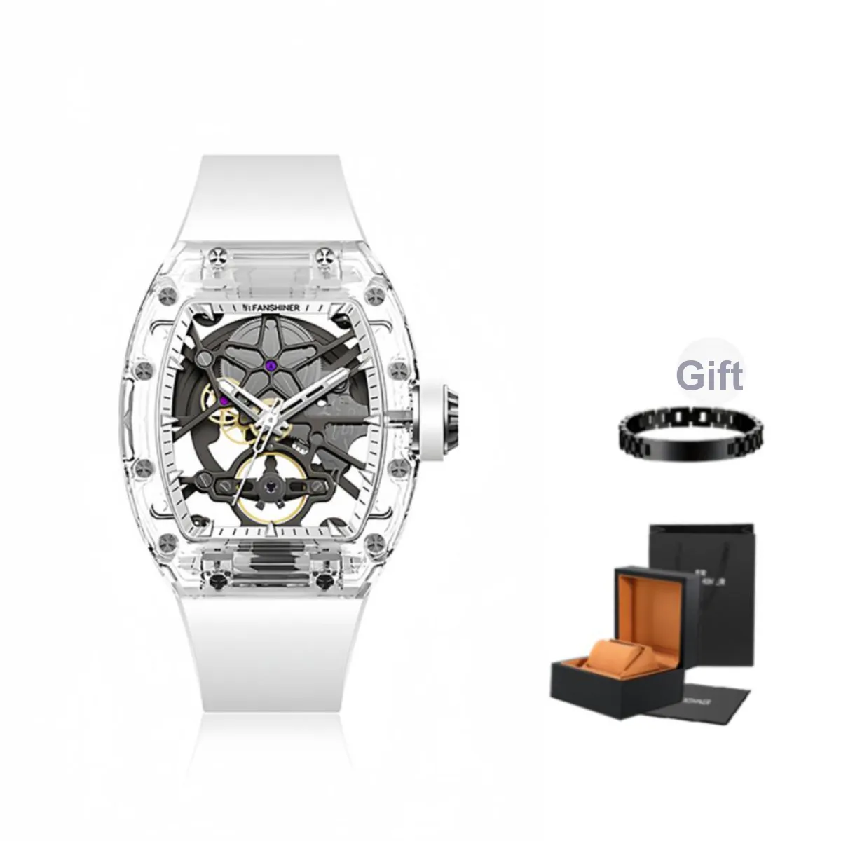 FR Mechanical Movement Rubber Strap Watch Unisex White Dial