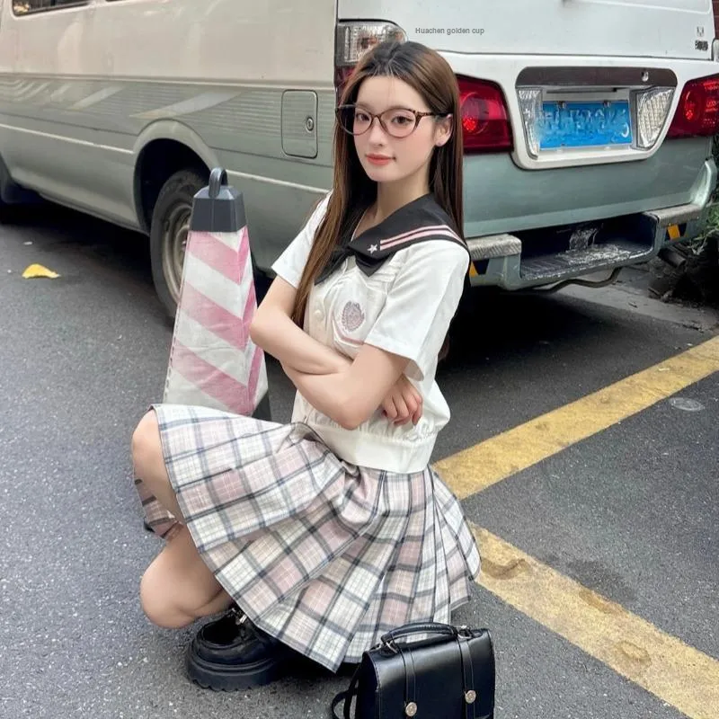 Sato Supun Uniform Women's Black Pink Staraki Eigo High Top+Bow Tie+Old Love Poem Plaid Skirt-6