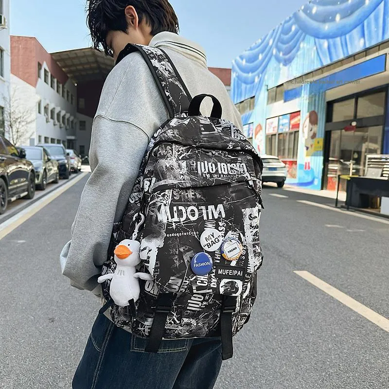 Yalu Nylon Backpack Unisex Black/White/Gray-2