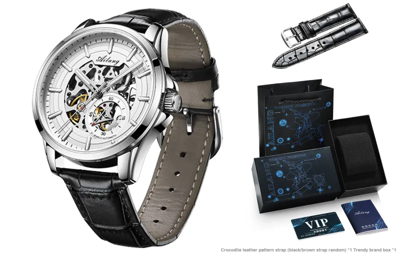 AILANG Automatic Mechanical Movement Genuine Leather Strap Watch Men's Watches White Dial-12