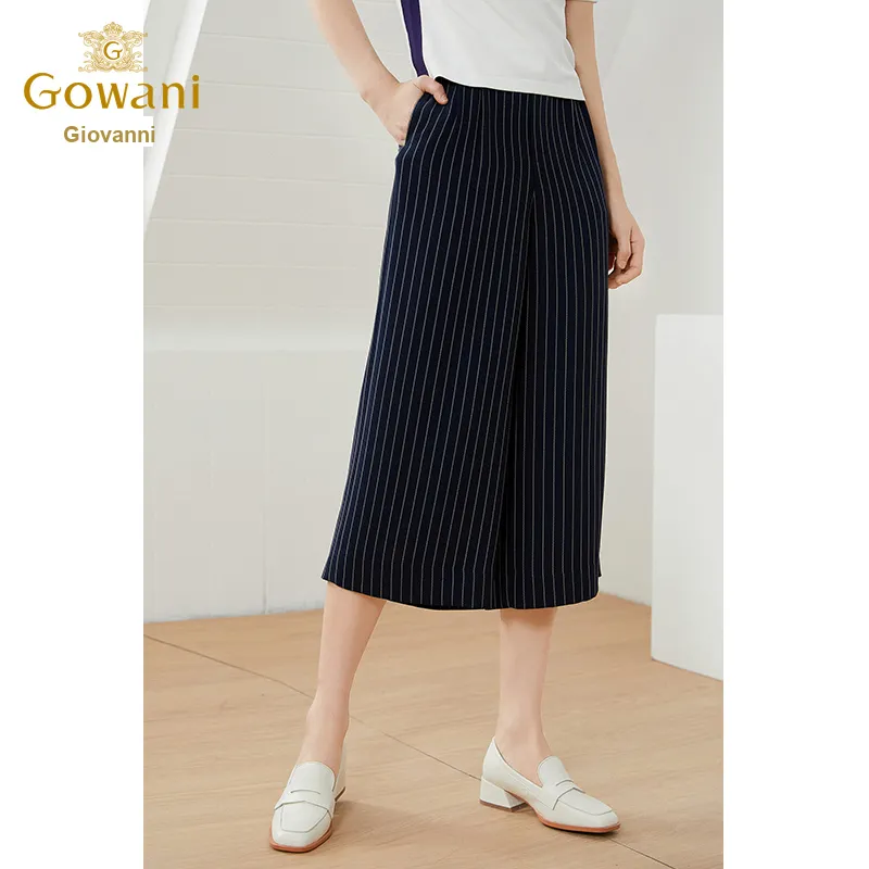 QIAOWANNI Casual Pants Women's Blue And White Stripes Pattern-3