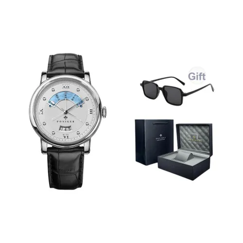 PONIGER Trident Watch Fashion Business Автоматический механический механизм Естественная кожа Ремешок Мужские часы Белый циферблат