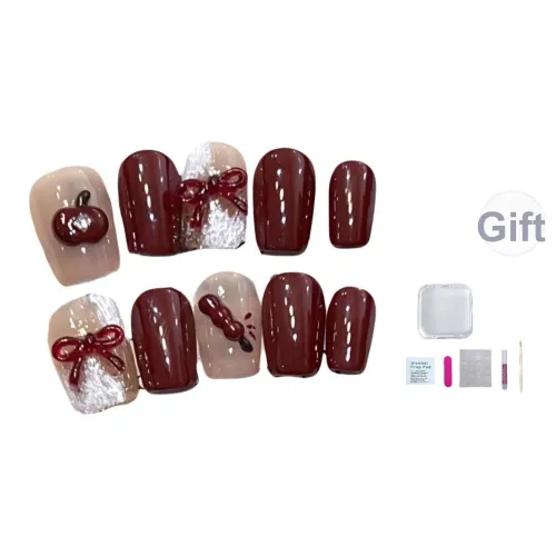 A Few More Cute Sugar Stick Handcrafted Detachable False Nail Short LADDER Burgundy Solid Color French