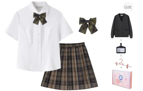 Tokyo Season Uniforms Women's Carbon Gray Cardigan+White Short-Sleeved Shirts+Brown Skirt