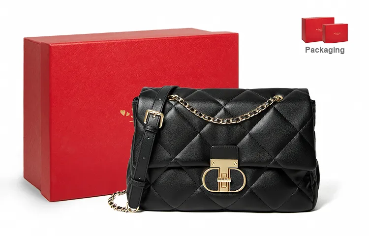 Narandu Cow Leather Diamond Grid Bag Chain Bag Shoulder Bag Crossbody Bag Large Size Women's Midnight Black/Ecru-5