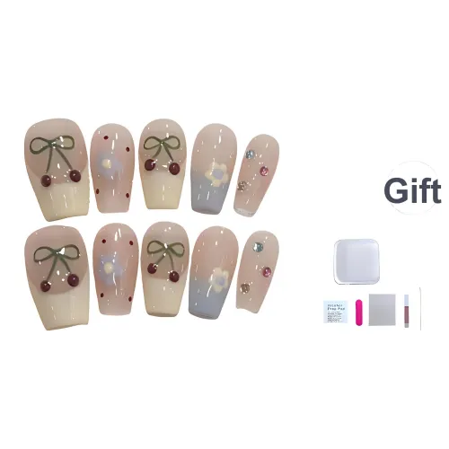 A Few More Cute Разрисованная Вишня Лето Свежий Образ Ручной Рисунок Вишня False Nail Короткий Стул Прозрачный Телесный Милый