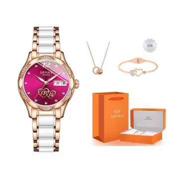 GEMAX Wrist Watch Automatic Mechanical Movement Ceramic Strap Watch Women's Watch Pink Watch Dial