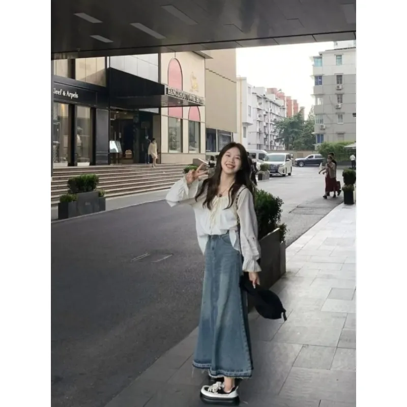 7 SEVFUN Denim Long Skirt Women's Blue-1