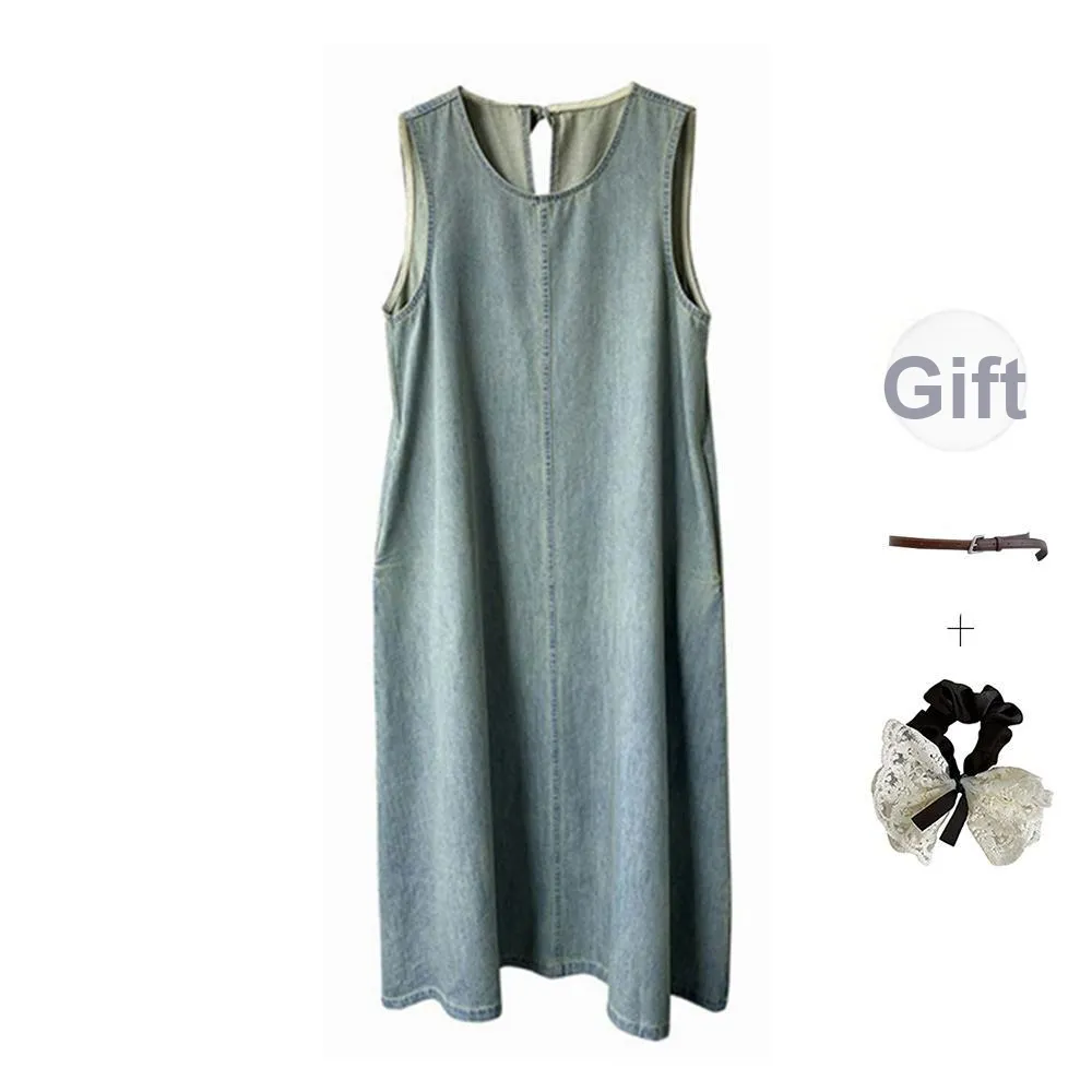 PAVEA Sleeveless Dress Women's Light Blue+Belt+Hair Tie Comes With