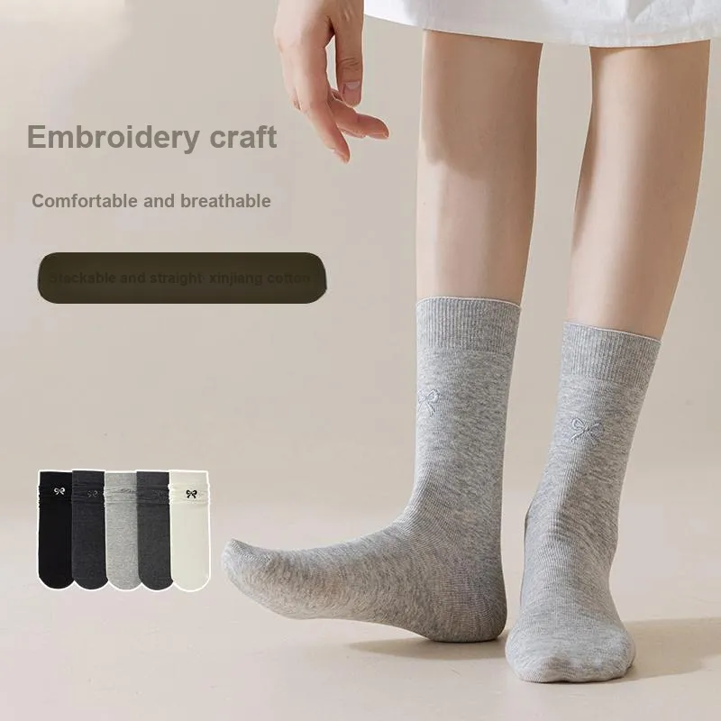 XIANSINIAO Knee High Socks Women's 5 Pack Bowknot Embroidery-1