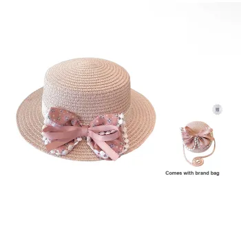 AAJF Paper Straw Summer Girls Sun Protection Straw Hat Bag Set-Princess Lace Beach Hat Kids'