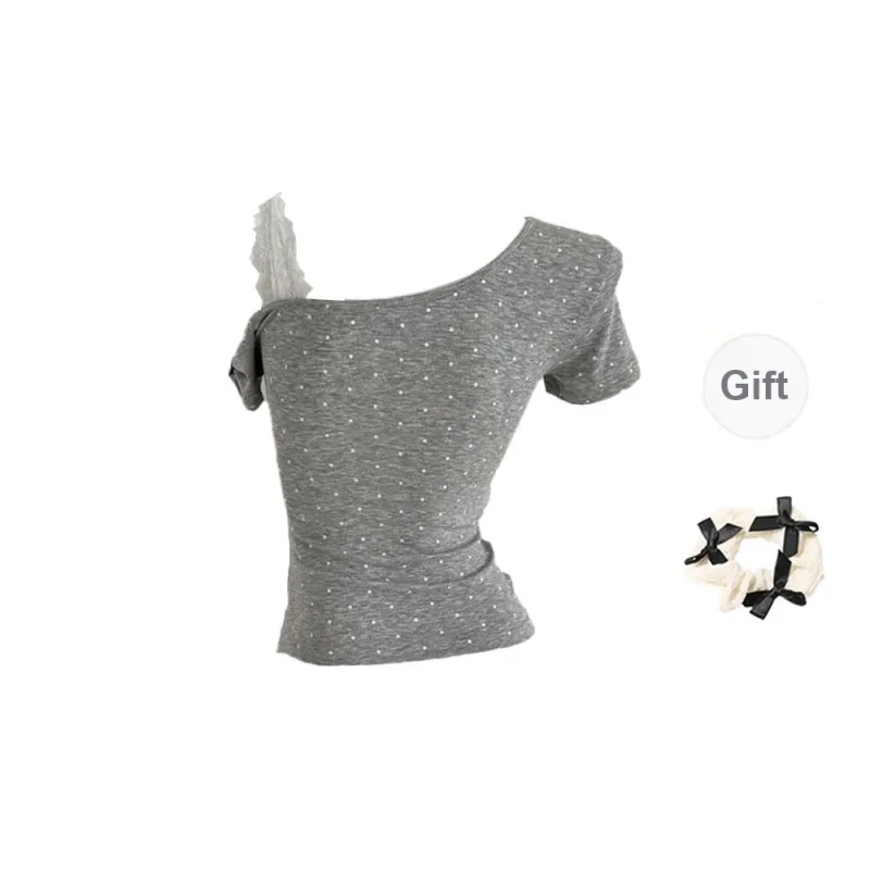 XUOIZA T Shirts Women's Gray+Bowknot Hair Tie Comes With-1