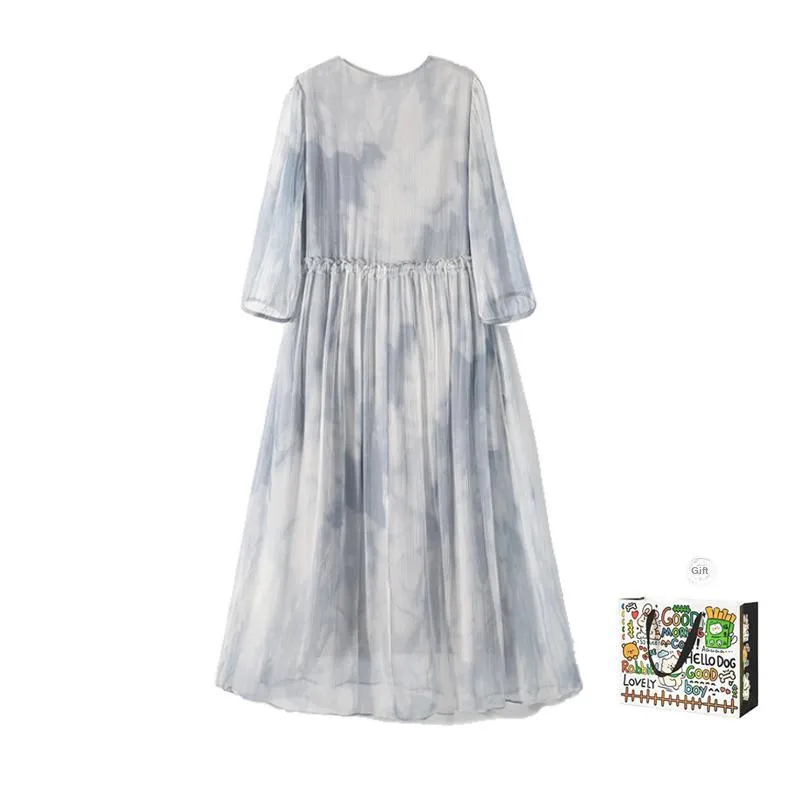 OURUOKE Long Sleeved Dresses Women's Blended Blue Shopping Bag Included-1