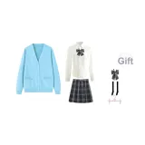 Aqua Blue Cardigan+V-Neck Length Sleeve+Dark Night Killer Short Skirt, Includes Bow Ties+Calf Socks+Hanger
